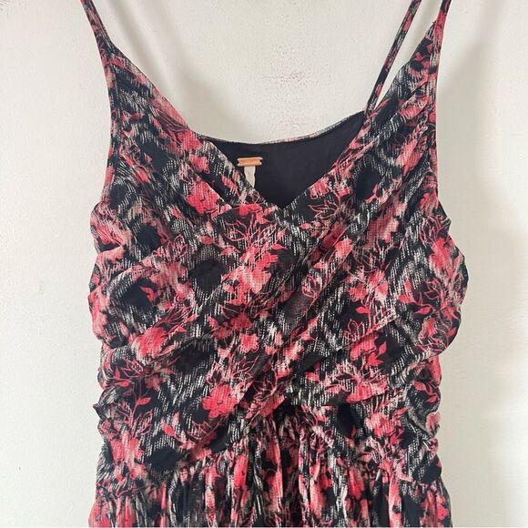 Free People Red Black Leaf Pattern Chiffon Spaghetti Strap Sun Dress - Picture 9 of 10